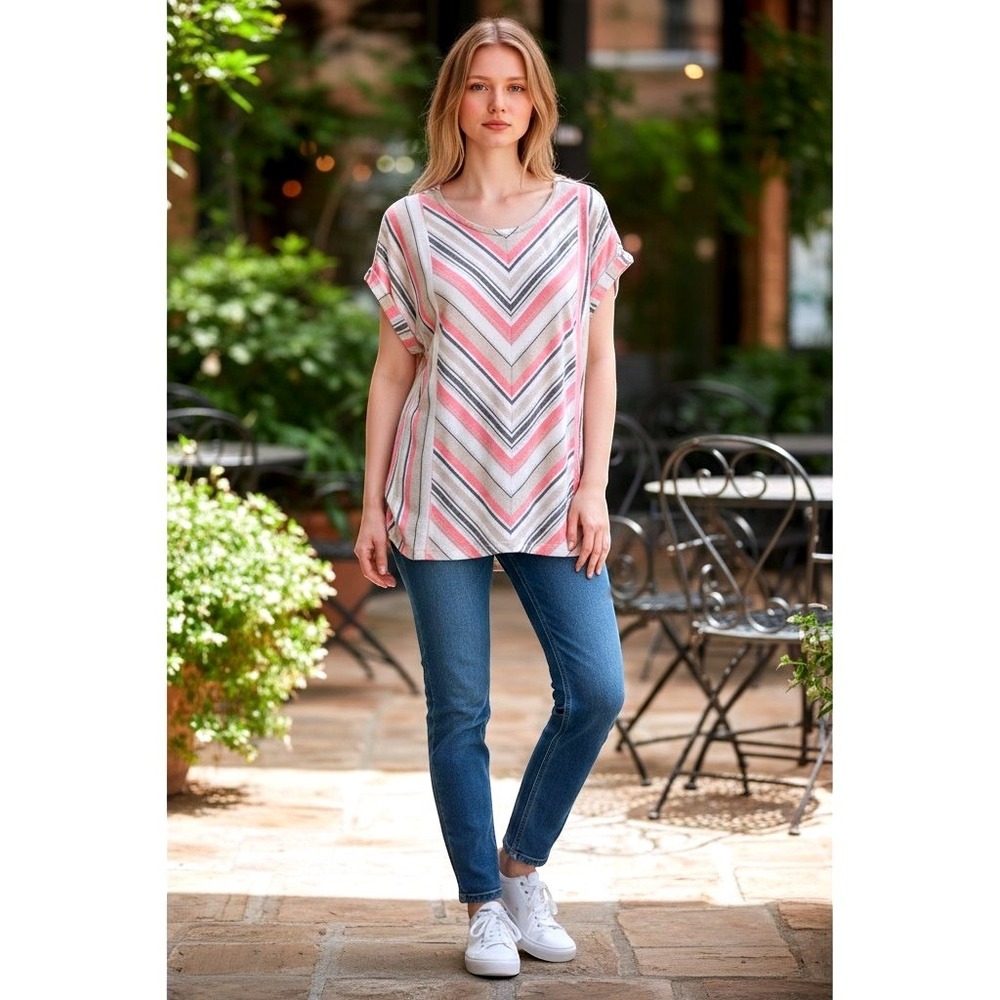 Vintage Rose Womens V-Neck Striped Top Pink Tan Grey XL Shirt / #26741